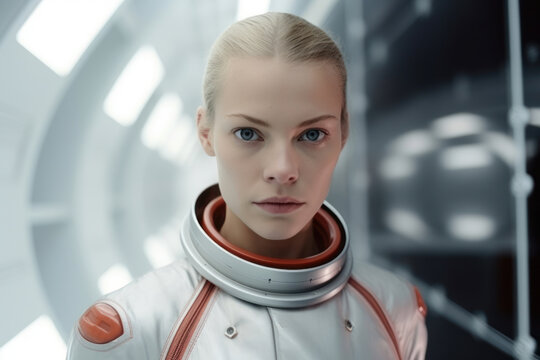 young woman skinhead blonde hair in the spacesuit