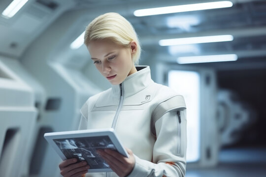 young woman skinhead blonde hair in the spacesuit using tablet
