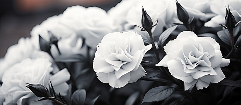 Carnations photographed outdoors, in black and white.