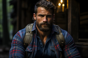 A muscular, brutal man with a beard and mustache in a blue plaid shirt, a dark close-up portrait.