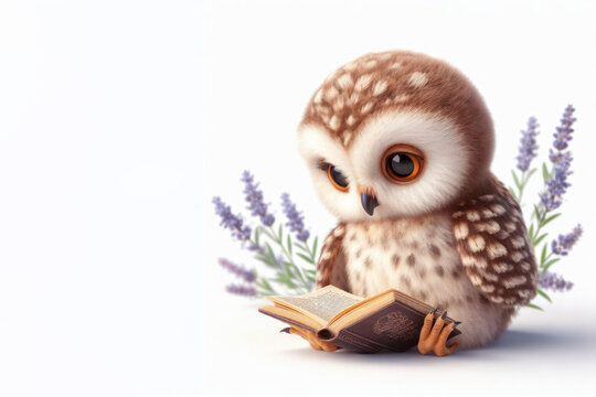 realistic Photo of A cute owl reading a book on white background. ai generative