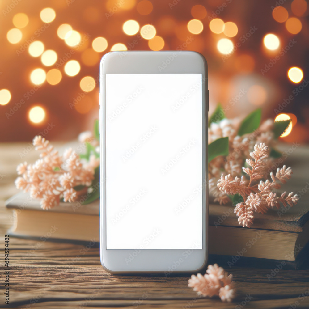 Poster smartphone with mockup white screen on blure bokeh background. ai generative