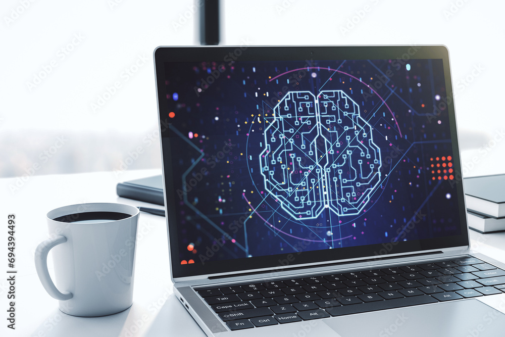 Leinwandbilder creative artificial intelligence concept with human brain sketch on modern laptop monitor. 3d render