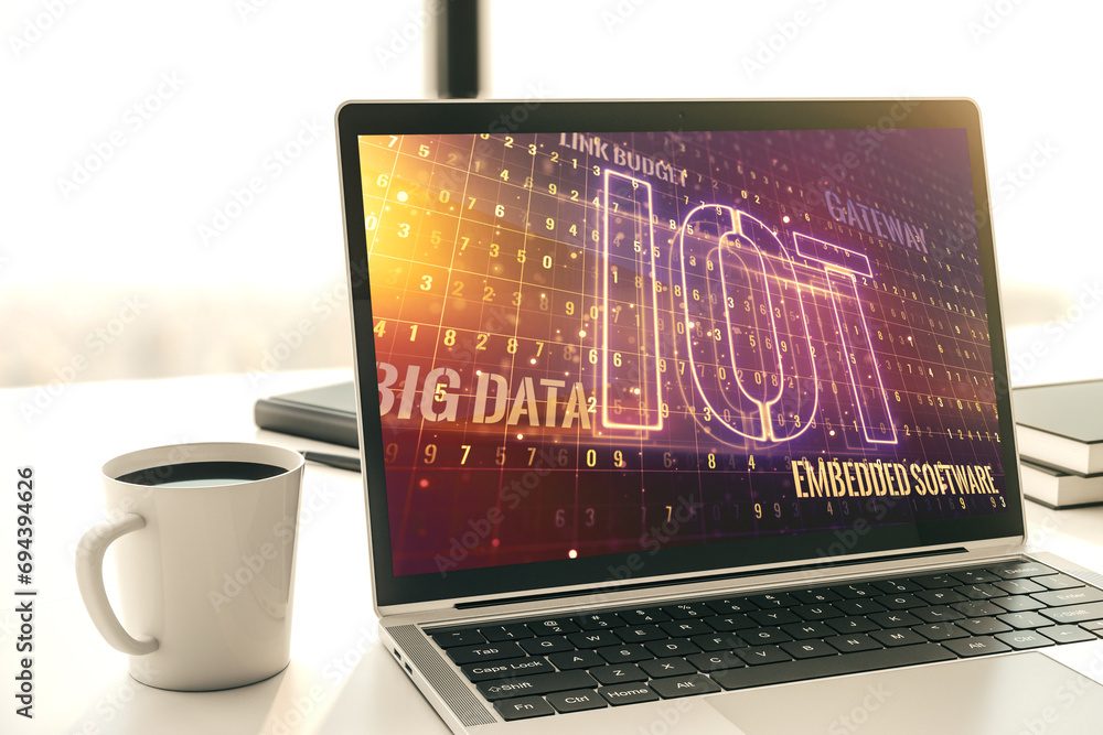 Poster creative iot hologram on modern laptop monitor, internet of things concept. 3d rendering