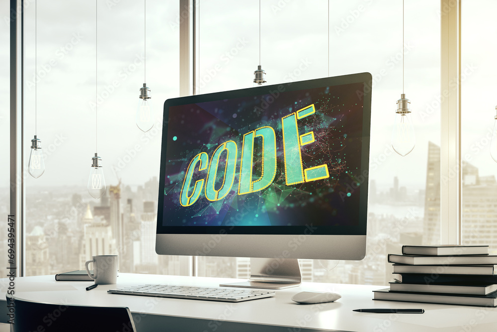Fototapete creative code word hologram on modern computer monitor, artificial intelligence and neural networks 