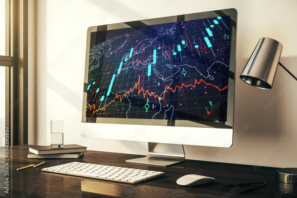 Poster modern computer screen with abstract creative financial chart with world map, research and analytics
