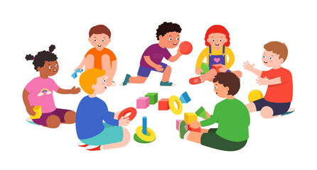 Children play with toys with cubes, rings, and balls with each other. Little preschool children have fun while playing.