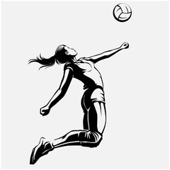 Vector illustration, female volleyball player performing a smash or serve jump.