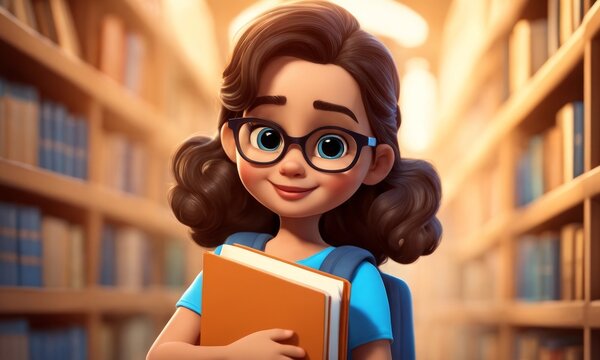Cute Cartoon Girl Holding Books and Going Back to School on a Blue Banner with Space for Copy, Generative AI