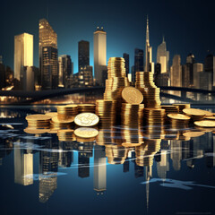 Night City with Double Exposure of Financial Chart - Opportunity for Economic Success