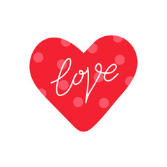 Red heart with a polka dot pattern and  inscription love. Vector illustration