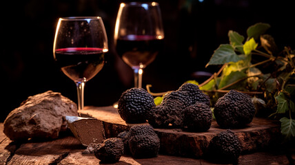 black truffles in a plate with fresh fruits - obrazy, fototapety, plakaty