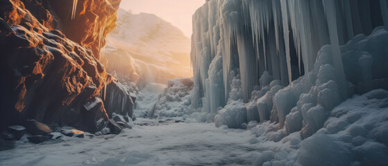 Beautiful frozen canyon with icicle formations and snow, illuminated by a warm sunset glow creating a stark contrast. - obrazy, fototapety, plakaty