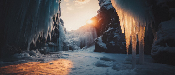 Beautiful frozen canyon with icicle formations and snow, illuminated by a warm sunset glow creating a stark contrast.