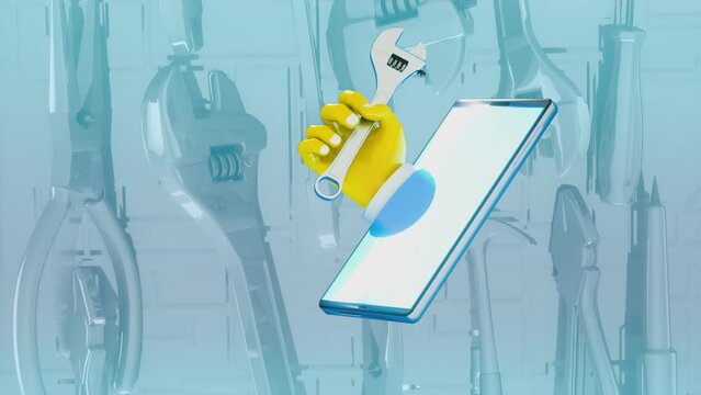 cartoon hand repairman with wrench and phone concept of home appliance repair service and calling the master via the Internet , 3D render loop