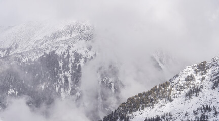 Obraz premium The white snowy peaks of Pirin covered with snow and fog. Snowy weather conditions for winter sports and tourism. Bansko Alpine Ski Resort, Bulgaria.