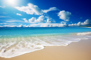 Fototapeta na wymiar A sandy beach with a blue sky and white clouds. Generative AI
