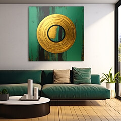 Green Sofa in Home Interior with Furniture and Wall Showcase