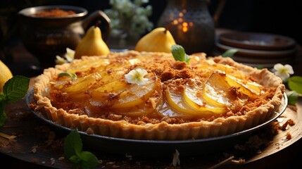 Homemade pastry, delicious pear pie with golden crunchy dough
