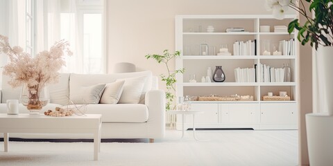 Blurred view of white furniture in living room.