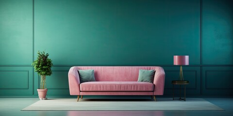 Large room with blue couch, green wallpaper, and pink chair near workspace.