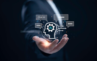 Businessman use of technology smart robot AI , artificial intelligence for generates something, Futuristic technology transformation.Chat with smart AI concept