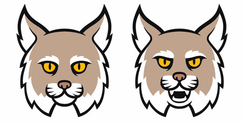 Cartoon bobcat head set. Traditional comic style lynx, roaring and calm, sports mascot. Isolated vector illustration. - obrazy, fototapety, plakaty