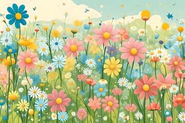 An illustration of a springtime flower meadow
