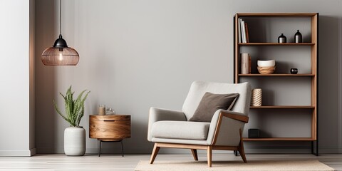 Modern retro home decor with a stylish living room featuring a brown armchair, wooden bookcase, pendant lamp, carpet decor, picture frames, and elegant personal accessories.