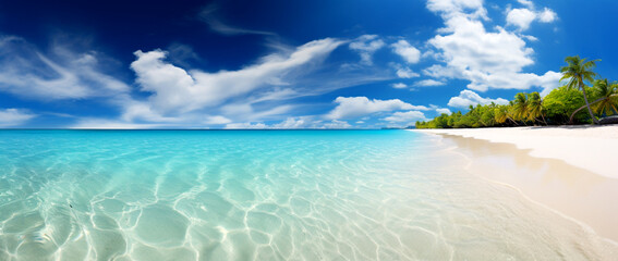 Fototapeta premium Beach with a clear blue ocean and palm trees. Generative AI