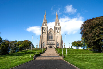 The façade of the St Patrick's Cathedral, seat of the Catholic Archbishop of Armagh, Primate of All Ireland, in Armagh, Northern Ireland - obrazy, fototapety, plakaty