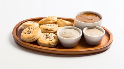 Obraz na płótnie Canvas A mouthwatering display of biscuits covered in savory gravy, the comforting combination showcased against a clean white backdrop, creating an inviting and appetizing scene.