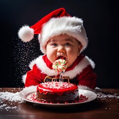 Baby Santa Claus child with cake