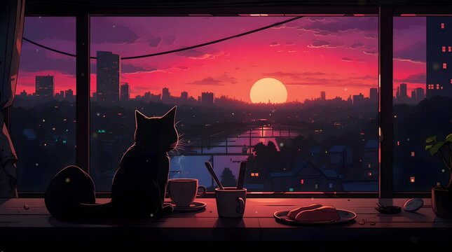 The black cat sat by the window looking at the moon with tea and some food he was on the table. Seamless animated looping video