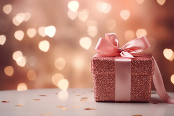 Cozy composition with shiny gift box and pink bow ribbon against bokeh lights background. Valentine day or birthday fashion card. - obrazy, fototapety, plakaty