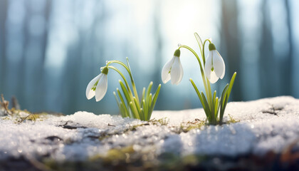 Snowdrop flowers growing in snowdrift in early spring. Beautiful springtime nature background. - obrazy, fototapety, plakaty
