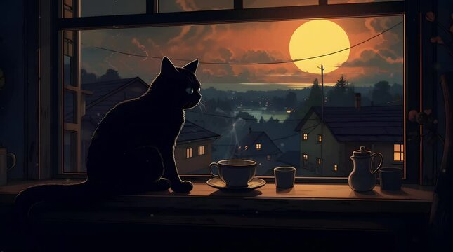 The black cat sat by the window and the moon. with tea on the table. Seamless animated looping video