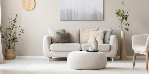 Place pouf near beige settee with pillows in white round carpeted living room with silver painting