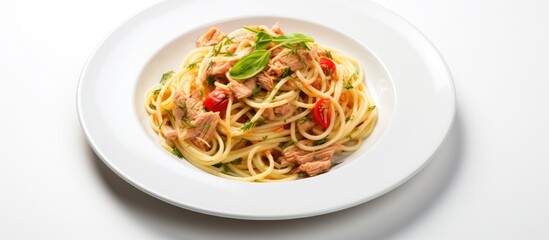 Tuna pasta dish on white table.