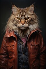stylish cat in a jacket on a dark background. fashionable pet. brutal kitten - obrazy, fototapety, plakaty