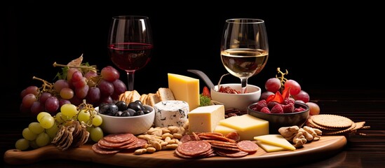 Charcuterie and cheese platter with fruit, cookies, and sauce, served with white port and wine.