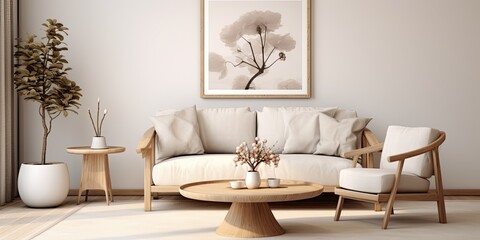 Creative living room interior design with mock up poster frame, boucle sofa, wooden coffee table, round carpet, white armchair, magnolia, and personal accessories.