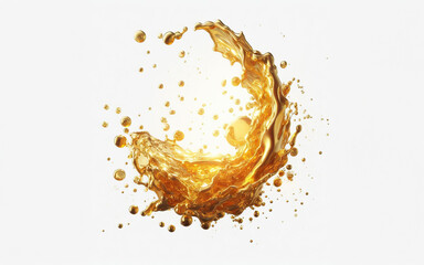 Vegetable oil floating in the air Golden water splashes Water drops on white background. Golden oil. - obrazy, fototapety, plakaty