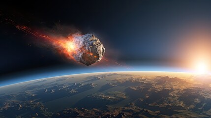 Space photograph of an asteroid entering the earth's atmosphere. It heats up and breaks down into...