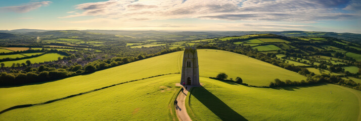 Aerial view of Glastonbury Tor near Glastonbury in the English county of Somerset, topped by the roofless St Michael's Tower, UK. Ai Generative. - obrazy, fototapety, plakaty