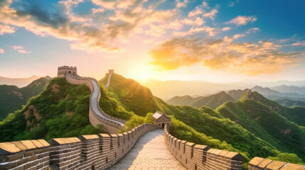 The Great Wall of China at the sunrise. Ai generative.