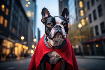 A Boston Terrier wearing a superhero cape in the city - obrazy, fototapety, plakaty