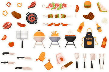 BBQ grill food stickers set for social media chat or sms isolated vector illustration. Cartoon pig and cow barbecue sausages, kebab menu to eat on picnic party, cooking tools. Fastfood concept - obrazy, fototapety, plakaty