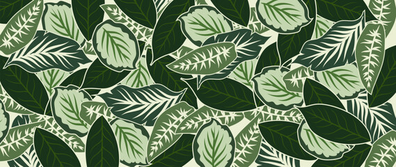 Obraz premium Abstract foliage botanical background vector. Green watercolor wallpaper of tropical plants, leaves, leaf branches. Foliage design for banner, prints, decor, wall art, decoration, fabric.
