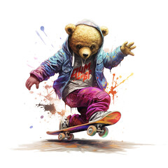 Image of teddy bear playing skateboard on transparent background,  Extreme Sports, Animals. Illustration, Generative AI.